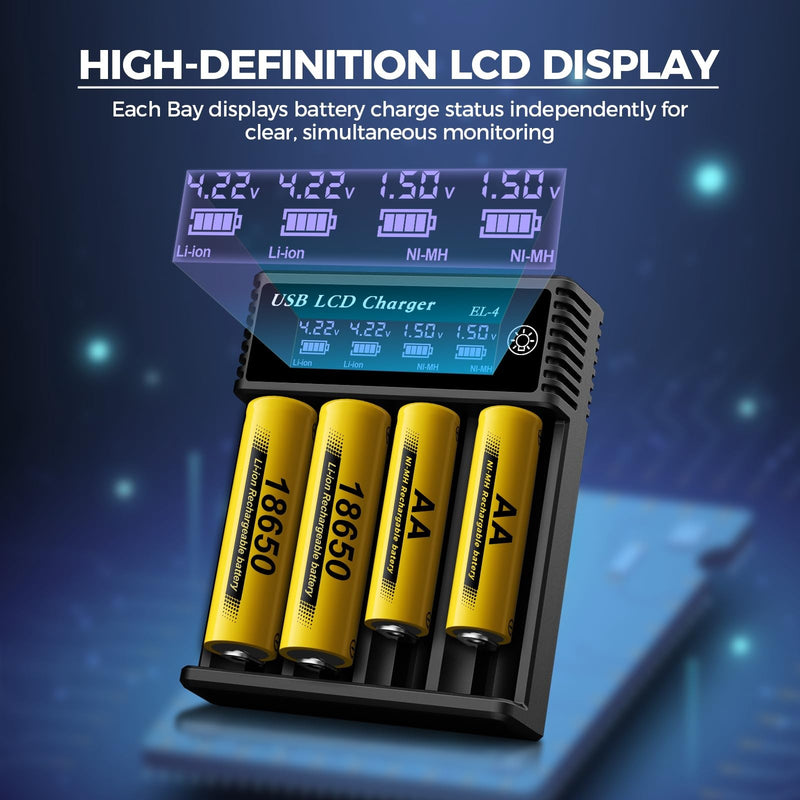 18650 Battery Charger 4 or 2 Bay 3.7V Li-ion Battery Charger with LCD Display
