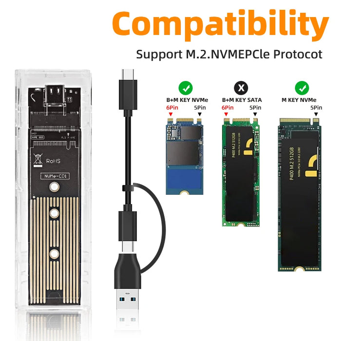 Tool Less M.2 NVME PCIe Dual Protocol SSD Case Clear USB Type C External Enclosure